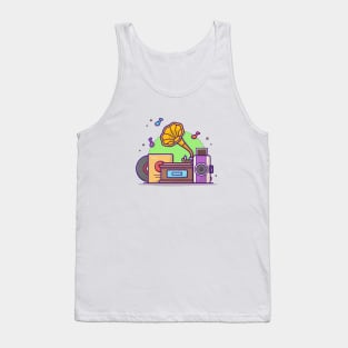 Old Music Player with Gramophone , Camera, and Vinyl Music Cartoon Vector Icon Illustration Tank Top